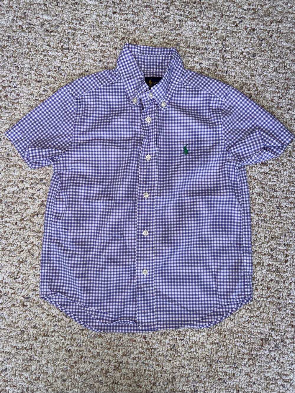 Ralph Lauren Purple Gingham Short-Sleeve Button-Down Shirt with Green Pony